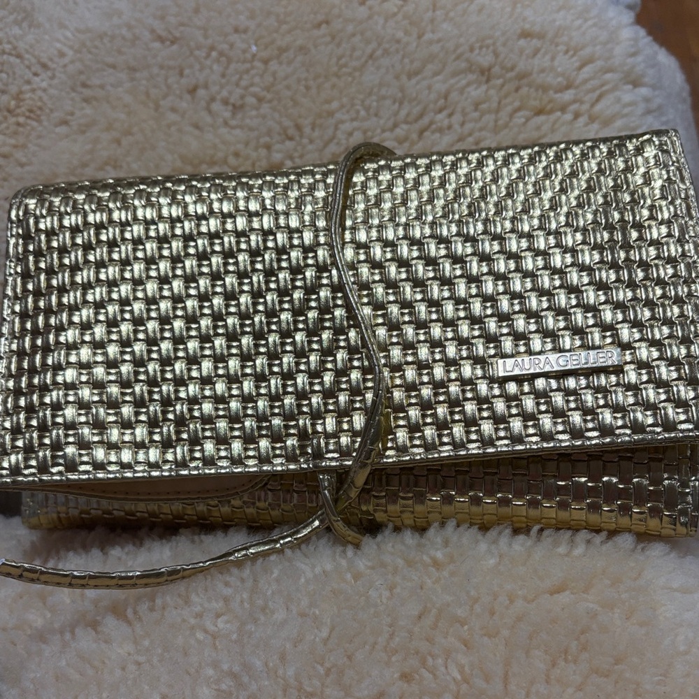 Laura Geller Woven Metallic Gold make up brush bag & wrap Strap holds 9 brushes